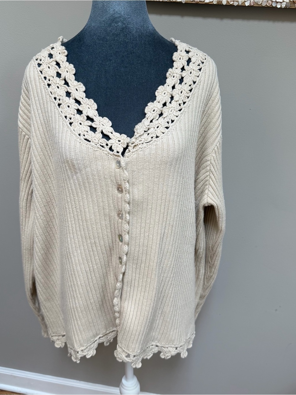 Vintage April too! Cornell cotton button up cardigan sweater floral knit trim